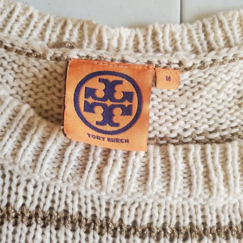 Tory Burch Womens Cream Striped Heart Linen Blend Sweater Size Medium Boho